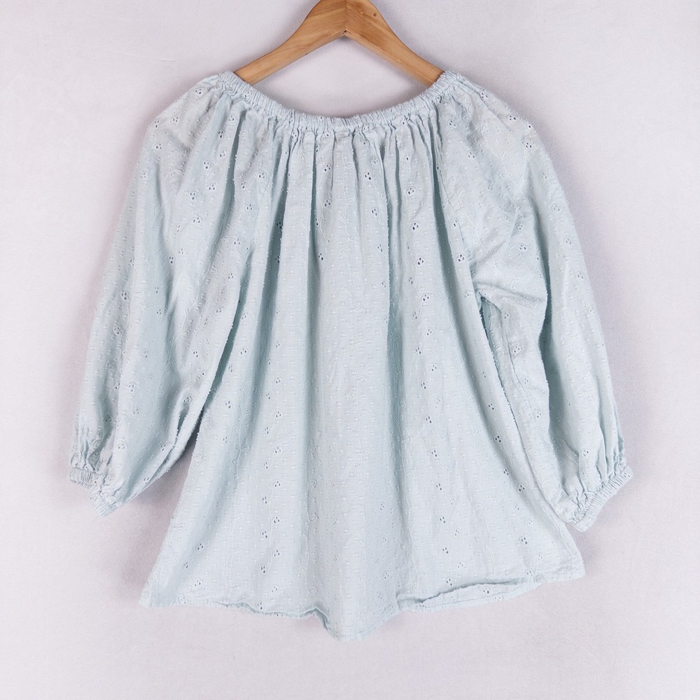 Joie Eyelet Peasant Blouse Sz Medium Light Blue Cotton 3/4 Sleeve Boho Top - Picture 3 of 9